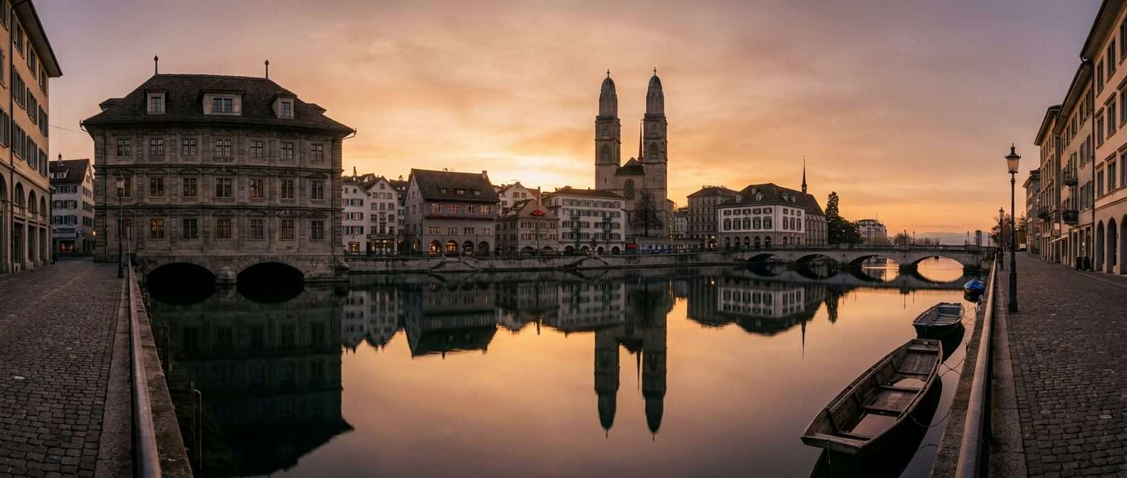 Zürcher Altstadt mit Grossmünster und Limmat im Abendlicht