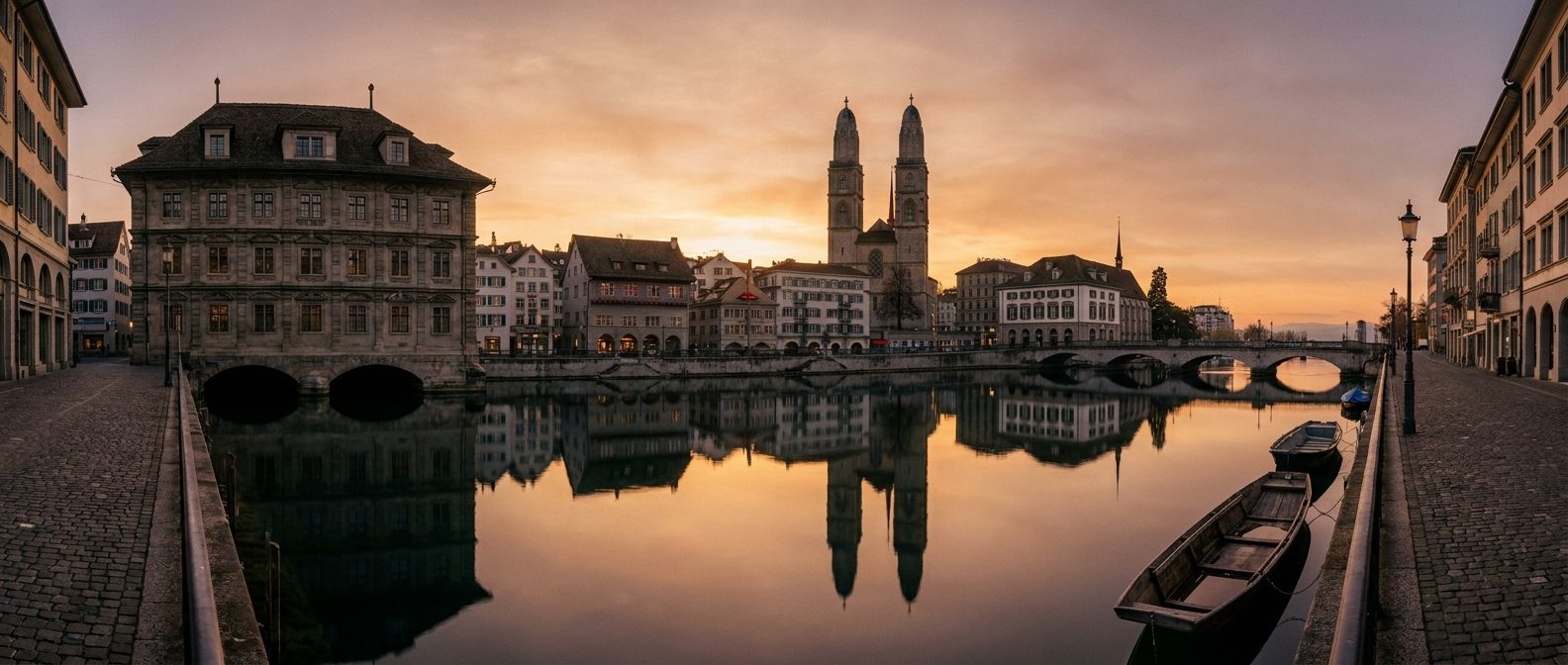 Zürcher Altstadt mit Grossmünster und Limmat im Abendlicht